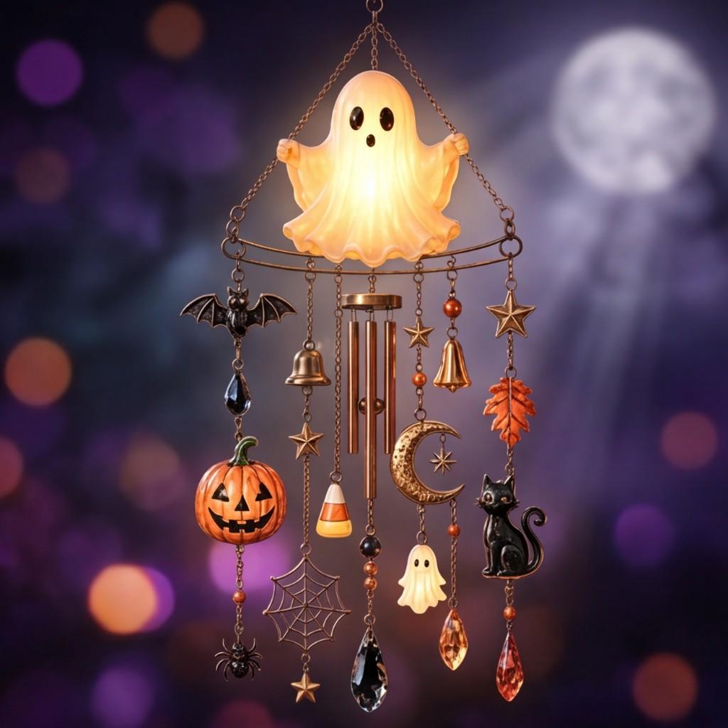 Glow-in-the-Dark Ghost Halloween Wind Chime with Pumpkin Bell Accents Spooky Hanging Ornament for Outdoor Porch Garden Yard Decor