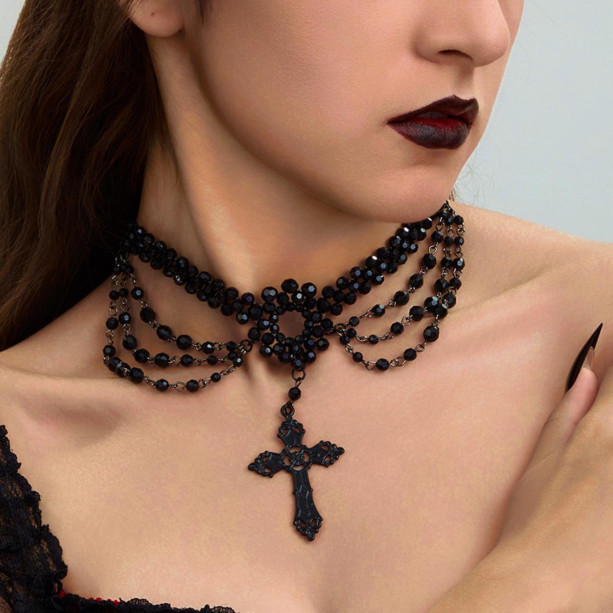 

SHIXIN Gothic Multilayer Black Crystal Beads Chain Choker Necklace Women Vintage Big Cross Pendant Necklace Halloween Jewelry