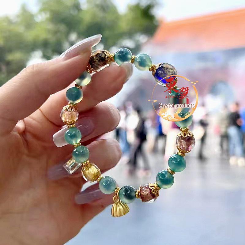 Green Lotus Pod Agate & Gold Foil Bracelet with Incense Ash Glaze