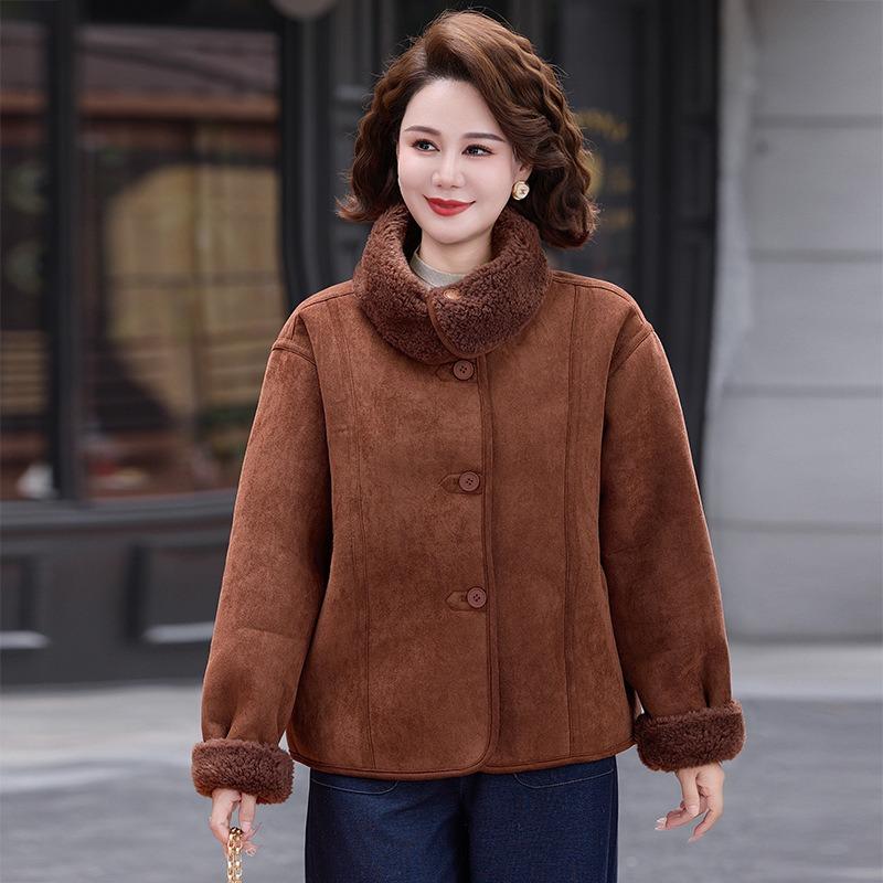 Middle-aged and Old Women's Mother Winter Coat Short Front Shoulder Fashion Women's Autumn and Winter Fur Integrated Coat Piled and Thickened