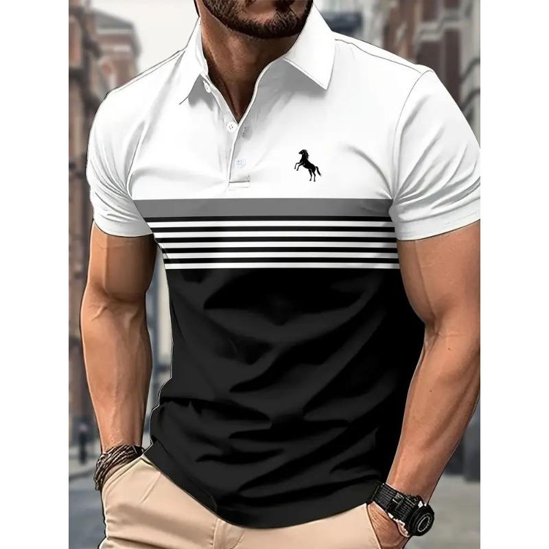 Herren Freizeit-Polohemd mit kurzen Ärmeln und 3D-Pferdedruck, gestreiftes Farbblock-Design, sportlicher Stil, mit Kragen, Golfhemd für den Sommer