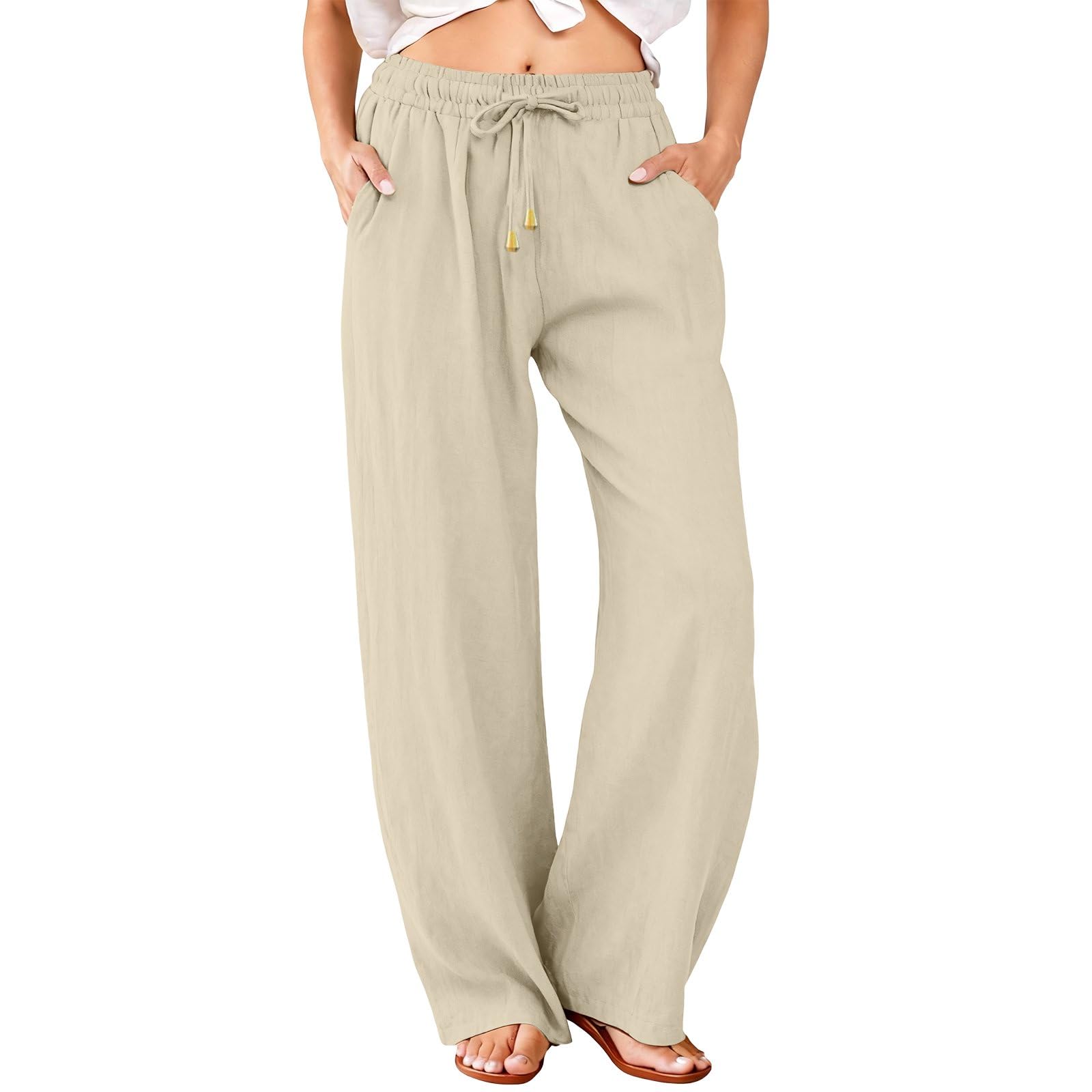 

Women s Fashion -Colour Drawstring High-Waisted Wide-Leg Trousers Cotton-Linen Blend Relaxed-Fit Casual Trousers L бежевый