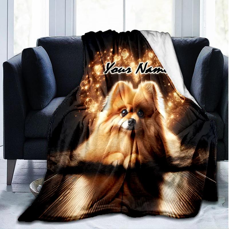 1PC Custom Name Heart Pomeranian outdooor Flannel blankets Throw Blanket All-Season Throw Gift Bedspread for Couch, Bed, Camping Holiday Birthda