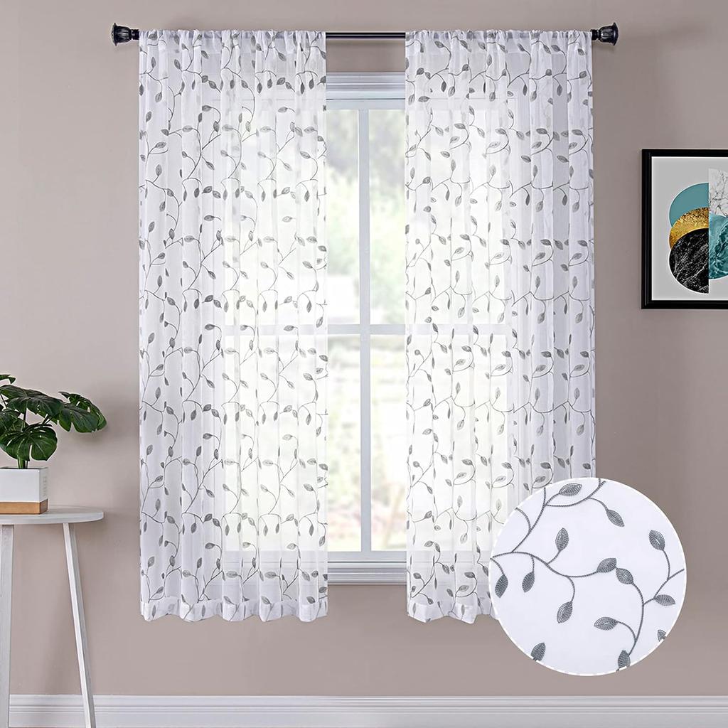 Tollpiz Leaves Short Sheer Curtain Sage Green Leaf Embroidery Living Room Curta Rod Pocket Voile Faux Linen Embroidered Leaves Curtain for Bedroom,
