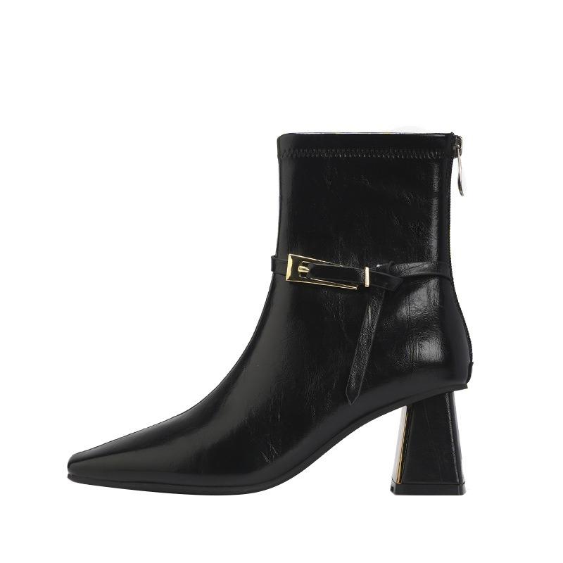 Retro-Reise-Schnalle quadratischer Absatz hohe Absätze kurze Stiefel Damen Herbst und Winter dicker Absatz dünne Stiefel kurzer hinterer Reißverschluss Mode