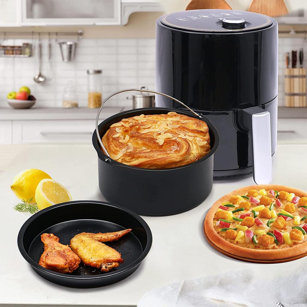 2Pcs Air Fryer Pizza Pan & Cake Baking Barrel Set Non-stick Round Air Fryer Baking Tray Basket Liner Kitchen Fryer Accessories