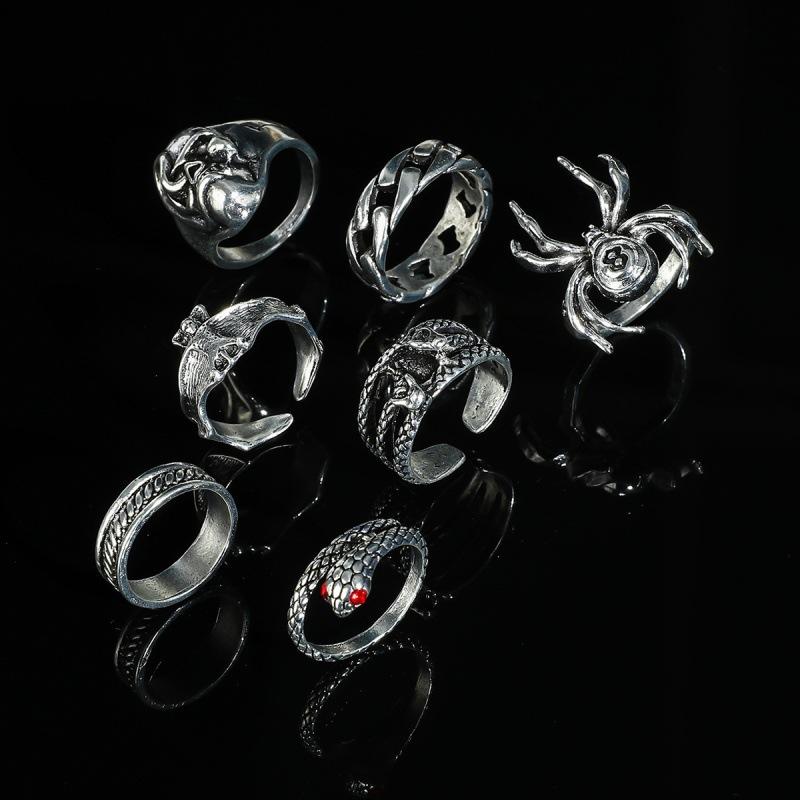 New European and American Creative Dark-themed Ring Set with Unique Designs of Spider, Bat, Snake, and skull7Adjustable Ring Set
