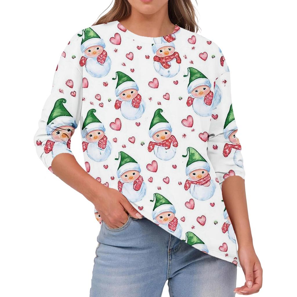 Damska Moda Casual Świąteczny Nadruk Okrągły Dekolt Jednolity Kolor Długi Rękaw Top