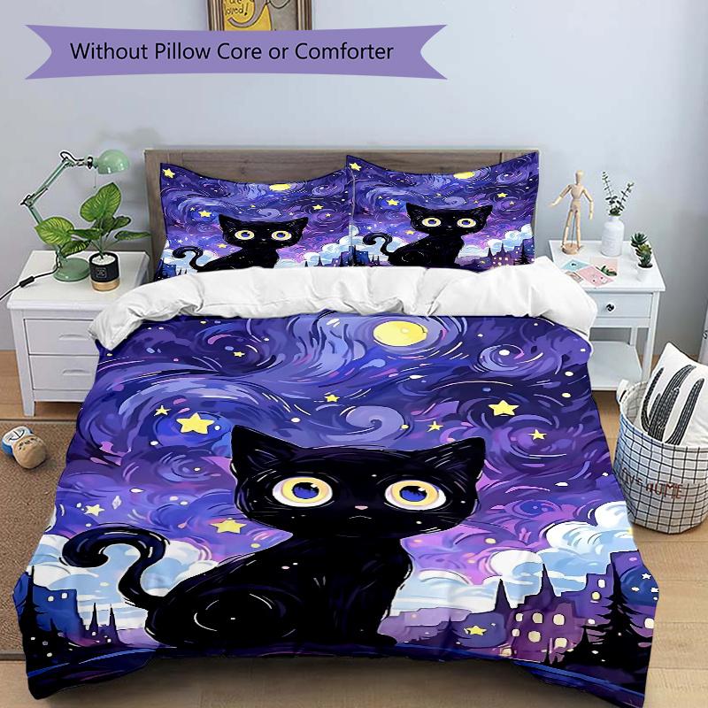 

3pcs Night Sky Black Cat Printed Bedding Set, Soft and Comfortable Quilt Cover for Bedroom, Guest Room (Not Included).N070 135x200cm