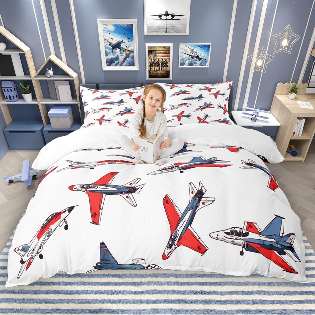 Homewish Cartoon Aircraft Train Duvet Cover Set for Children 2pcs/3pcs, Airplane Steam Engine Bedding, Transportation Bed Set