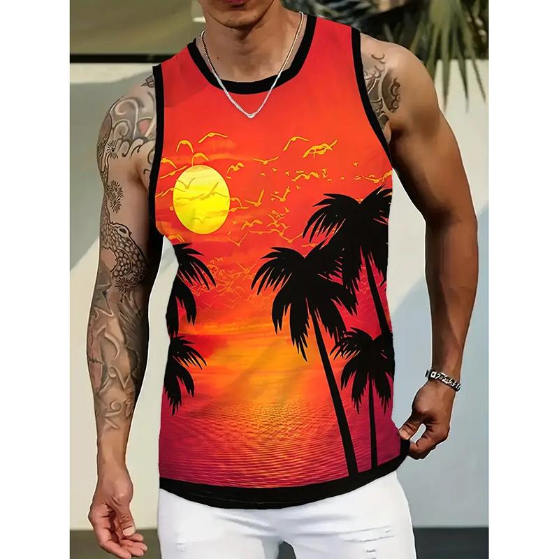 Summer Round Neck 3D Tropical Sunset & Palm Tree Printed Top Fashionable Casual Sport Sleeveless Women's Tank Tops