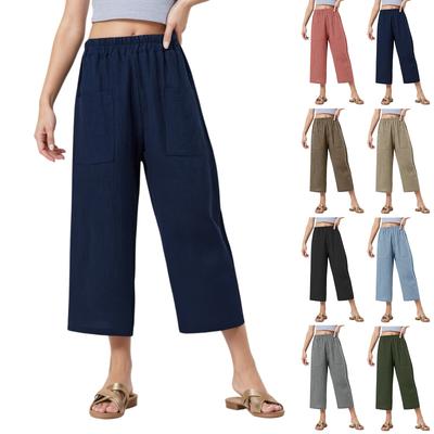 Damen Elastische Taille Cropped Hosen Lässige Baumwoll- und Leinenhosen