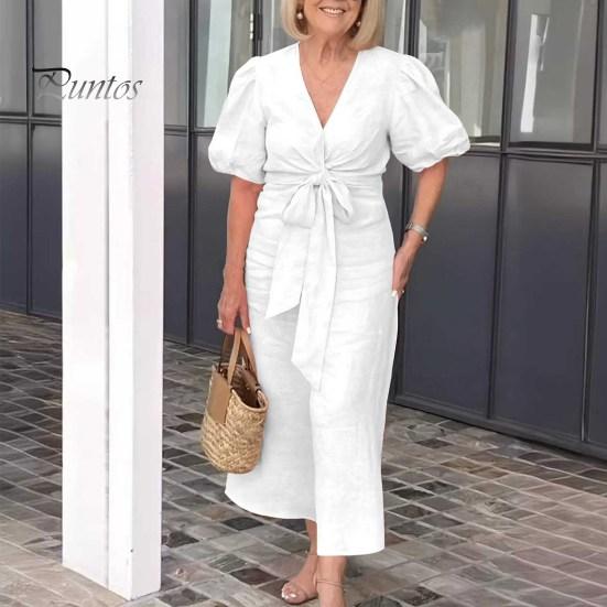 Summer Maxi Dress V Neck Lace-up Waist Bubble Sleeves Solid Color Loose Long Dress for Daily Life Date Work Party