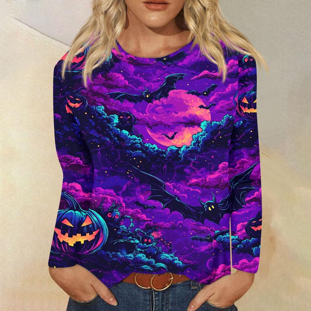 Dames casual top met lange mouwen en Halloweenprint, ronde hals
