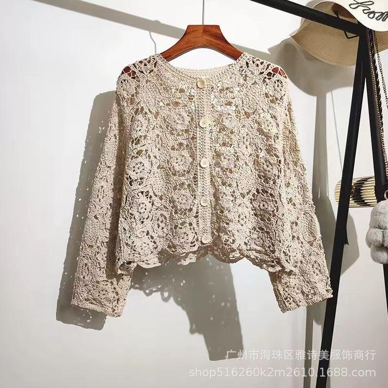 Fashion loose and thin hollow crochet knitted sweater women's new foreign style unique chic cardigan long-sleeved top