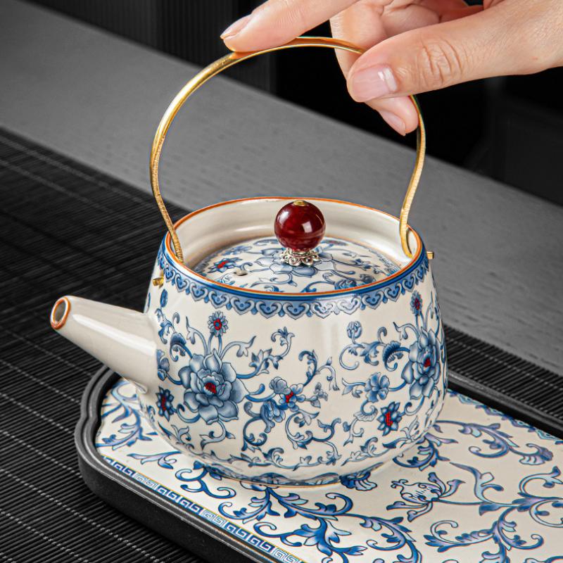 New Chinese Style Huangru Kiln Flower Teaware Sets with One Pot and Two Cups Tea Set and Dry Brewing Plate Tea Stand