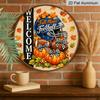 2D Flat, 1pc Round Aluminum Hanging Sign, Fall Football Welcome Blue Helmet Pumpkin Maple Leaf Metal Wall Decor, Rustic Farmhouse Autumn Sports Front
