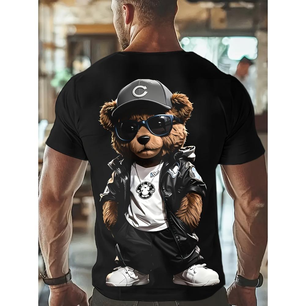 Europäische Größen Herren Lustiges Grafik-T-Shirt - Cooler Teddybär mit Modebrille Urban Streetwear T-Shirt - Weiches atmungsaktives Polyesterhemd für Partys