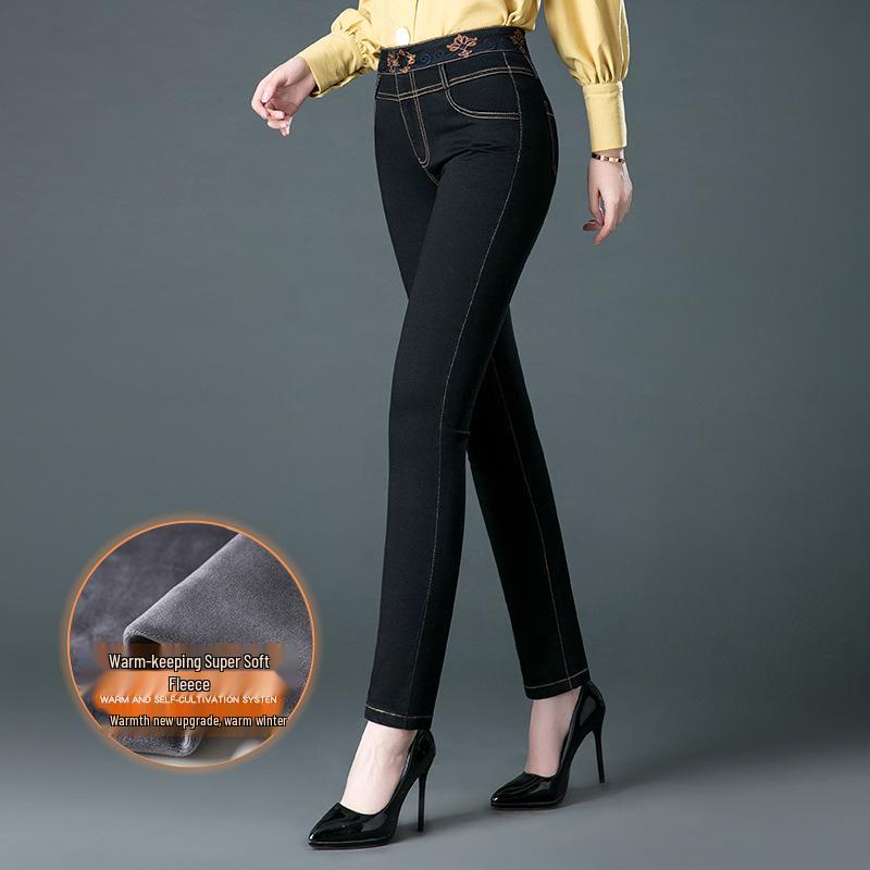 

High-Waisted Fleece-Lined Plus-Size Skinny Jeans for Middle-Aged and Elderly Women, Slim-Fit, Size 133 27 чёрный