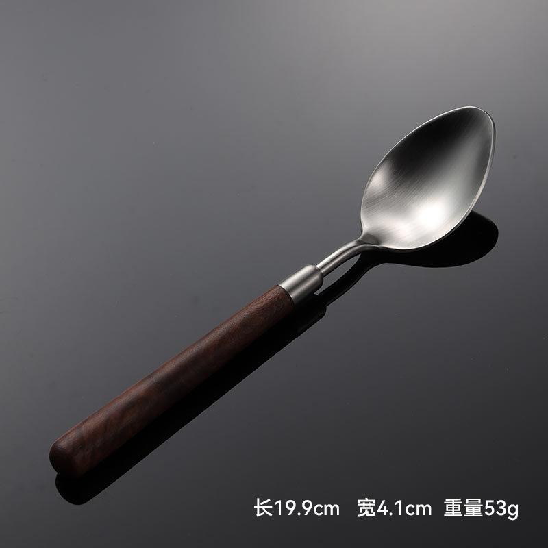 304 stainless steel walnut handle knife, fork, spoon, western tableware, lathe hardware, matte hand-thrown round spoon gift