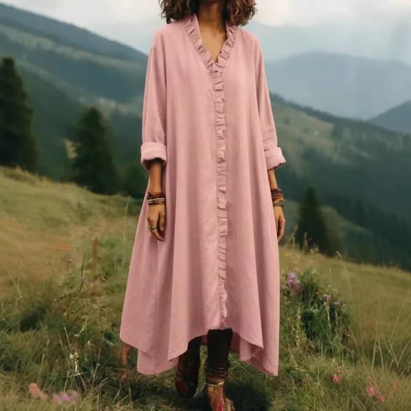 TIFICY Women's Fashion Spring Fall Solid Color Print Long Sleeve V-Neck Loose Waistline Casual Dresses