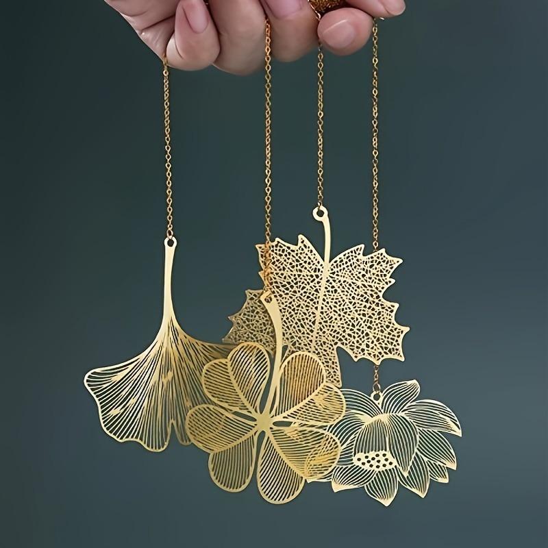 4pcs Golden Hollow Metal Bookmarks with Chains Universal Gift for Book Lovers Writers Readers Birthday Graduation - No Feathers