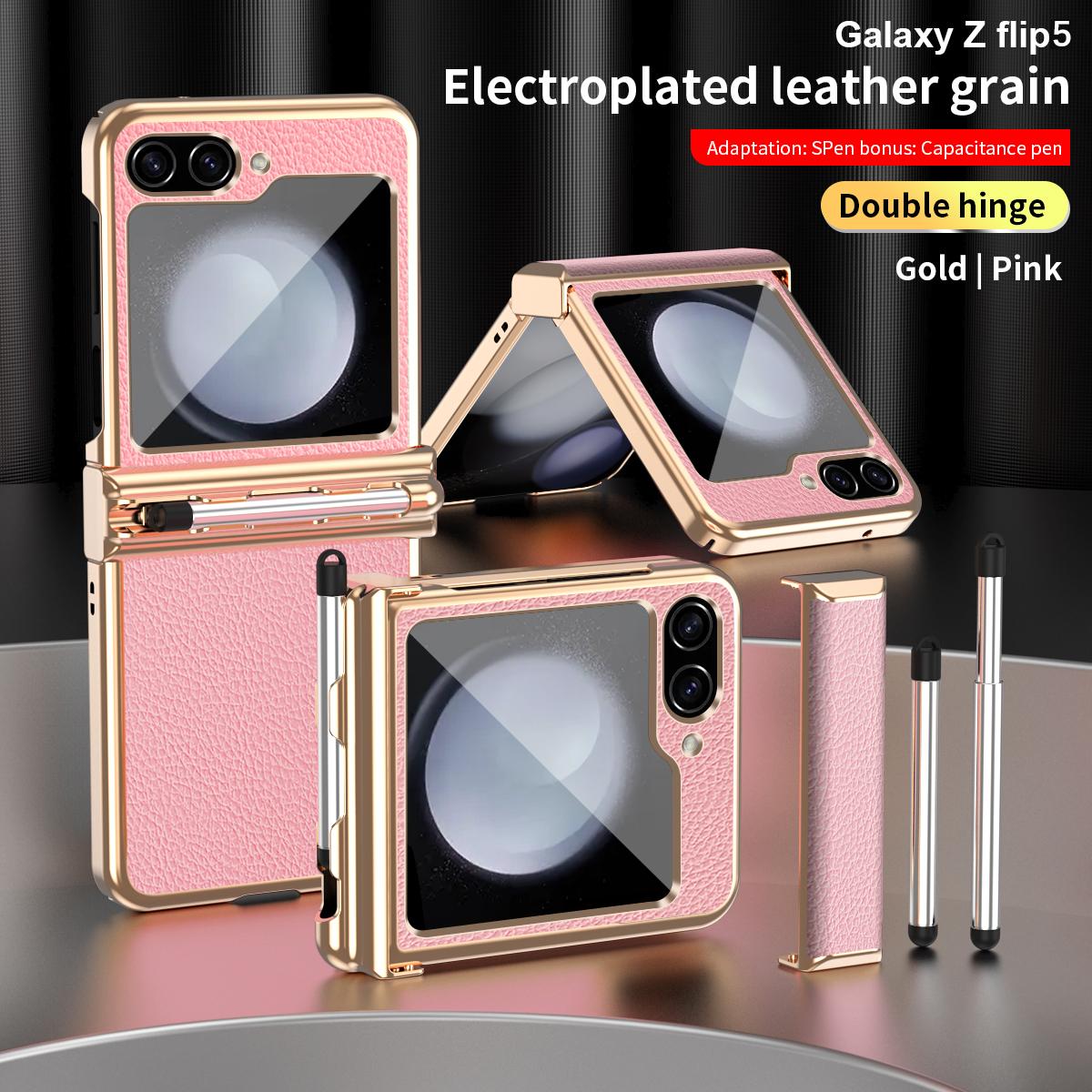 Luxuriöses PU-Leder Hartes PC Galvanisiertes Rahmen 2 Scharnierschutzhülle Für Samsung Galaxy Z Flip 6 5 4 3 5G Hülle mit Touchpen For Galaxy Z Flip6