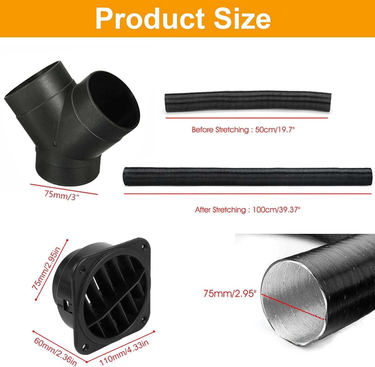 

Комплект воздуховодов дизельного отопителя 75 мм, Y-образный тройник, телескопический шланг, черный для Webasto Eberspacher United States