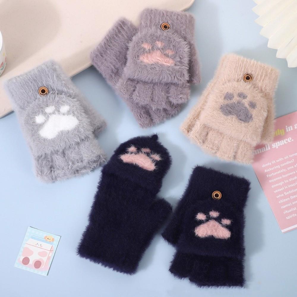 Soft Cat Paw Gloves Thicken Warm Plush Mittens Cartoon Style Half Finger Gloves Adults