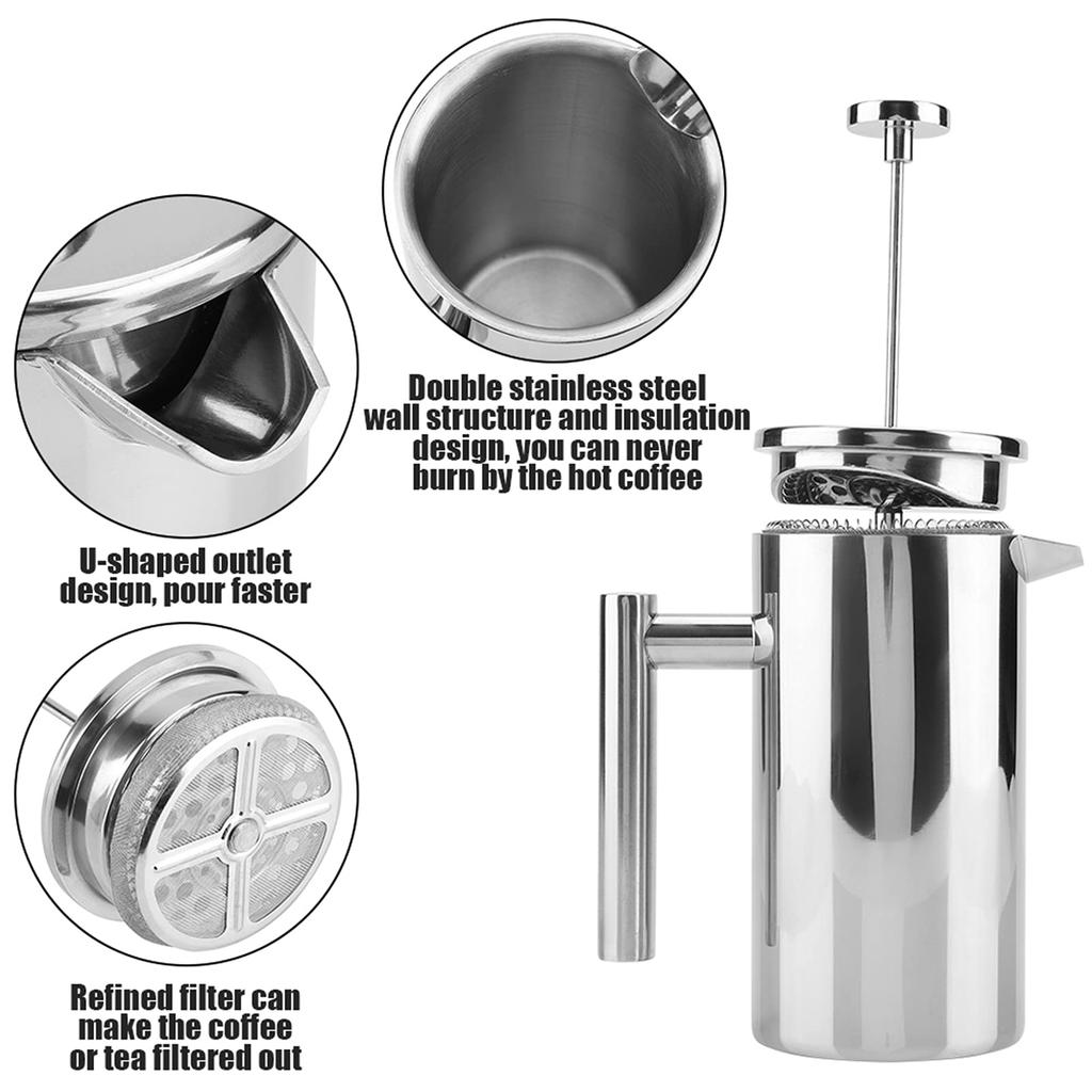 Cafetière à piston en acier inoxydable à double paroi avec filtre, théière pour la maison, le bureau ou le café (1000ML)
