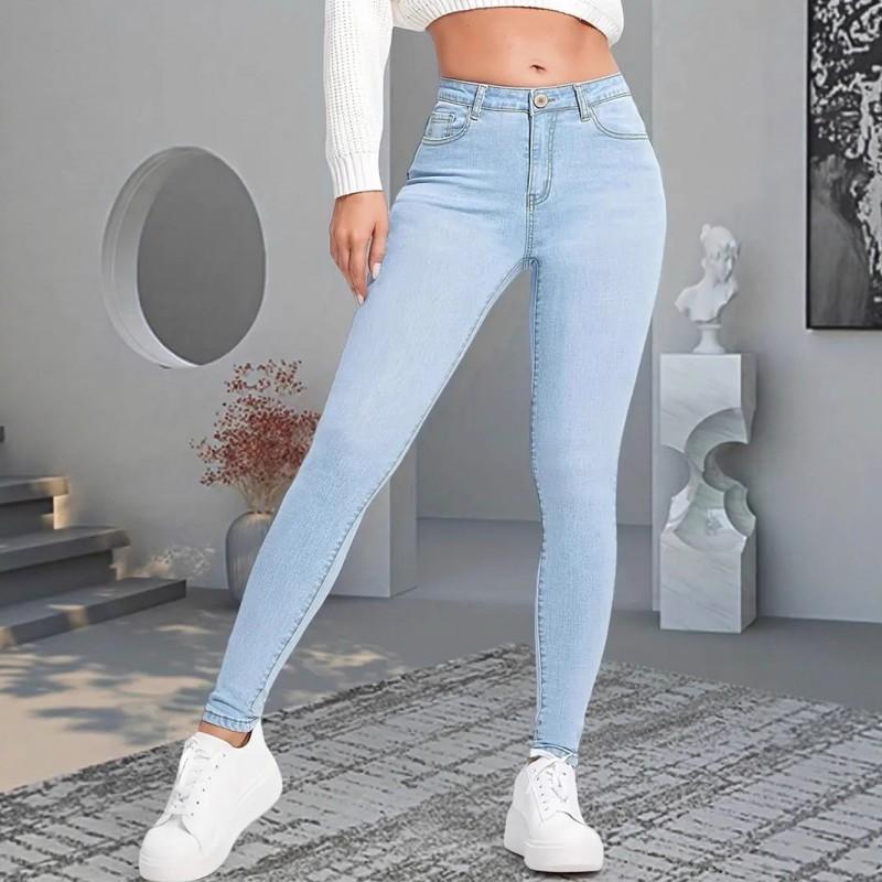 Women s Jeans Fashionable All-matching Stretch Pants Simple Slim Slimming Light Blue Denim S светло-синий