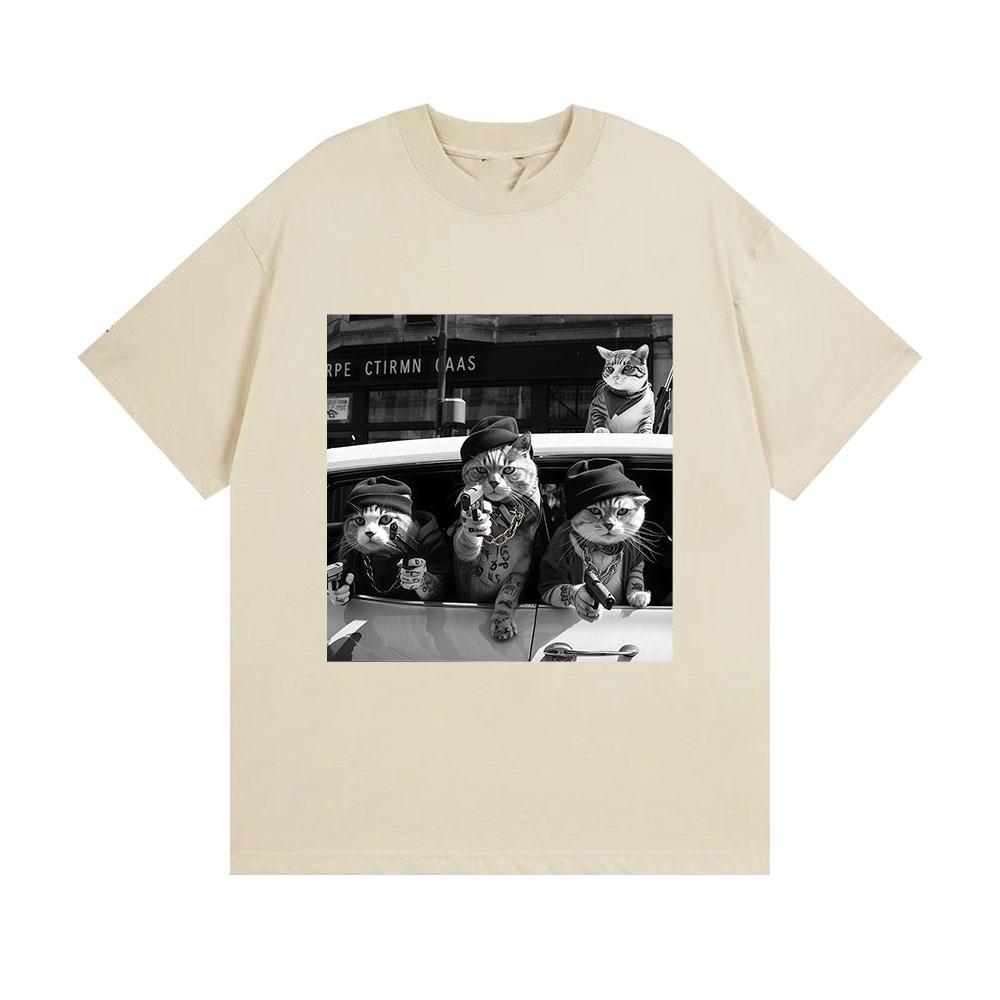 Funny Cat Gang Retro Pattern T-shirt for Men, Hip-hop Humor Clothing, Unisex Gothic Summer Print 100% Pure Cotton T-shirt