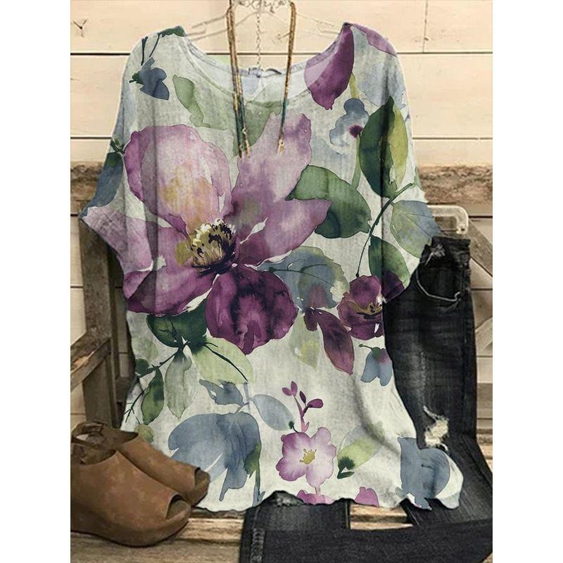 Printed round Neck Neck Casual Loose Top Print round Neck Top Women