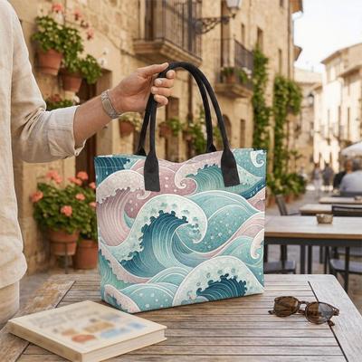  Boho Wave Pattern Tote Bag Large Capacity Casual Shoulder Bag for Daily Use Beach Travel
