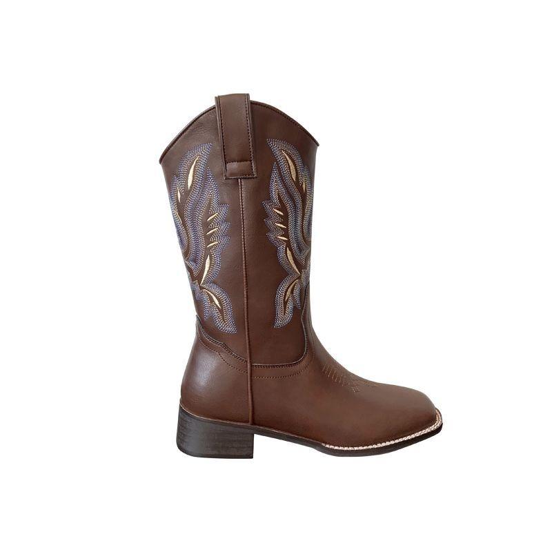 Vintage Brown Western Cowboy Boots Women's Autumn Slim Mouth Embroidery Square Head Thick Heel Medium Tube Knight Boots Long Boots