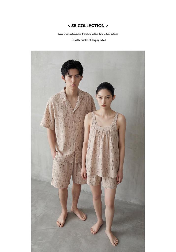 Baby Cotton Summer Camisole: A-Class Pure Cotton Double Layer Gauze Couple Pajamas - Women's Short Sleeve & Men's Set