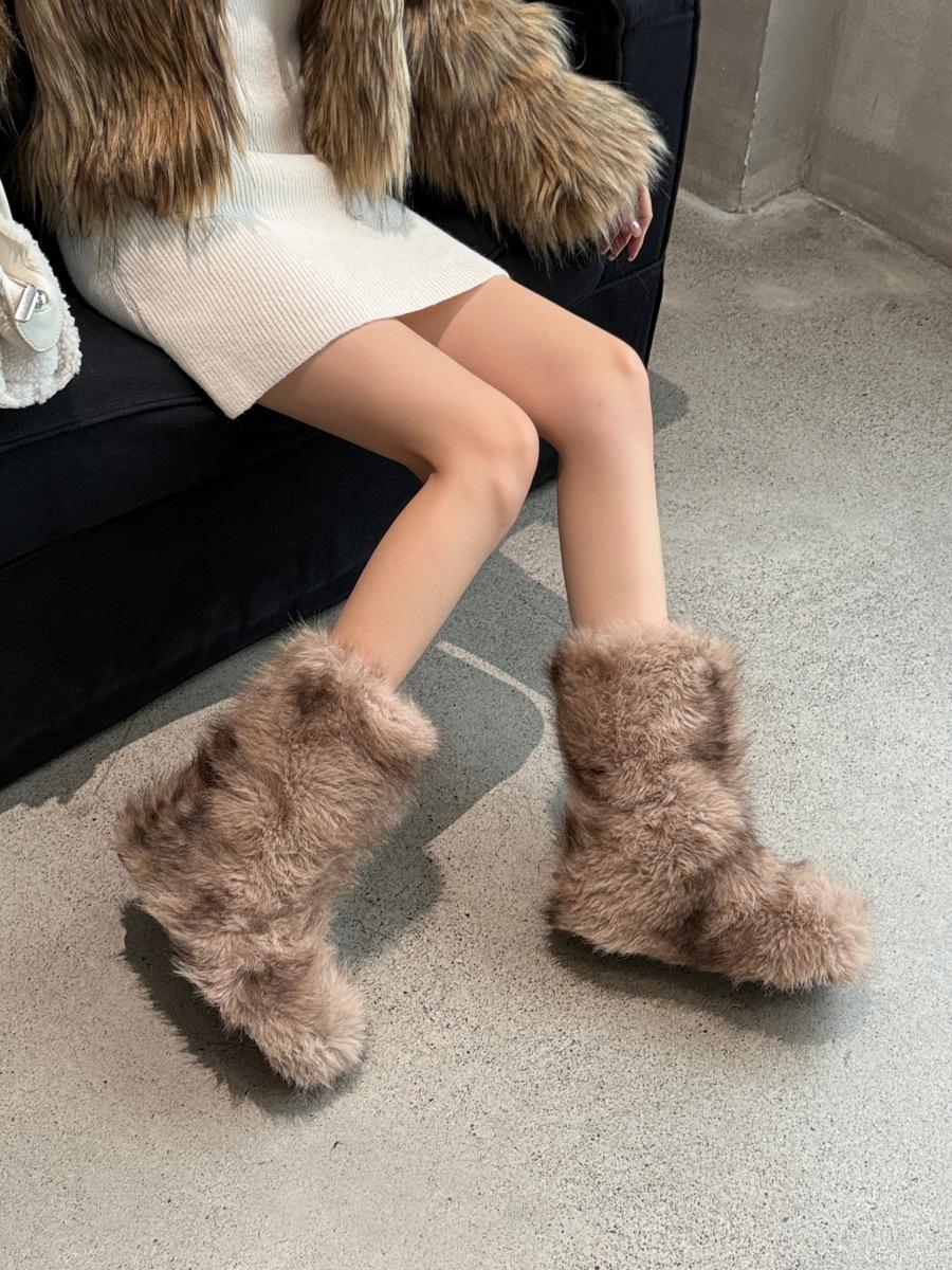 

2025 новые европейские и американские ботинки-луноходы y2k из лисьего меха, серия gal, полусапоги, ботинки на толстой подошве Spice girl, пушистые ботинки 40