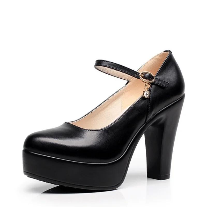 11cm Small Big Size 32-43 Shallow Genuine Leather Shoes Platform Pumps 2025 Spring Womens Block High Heels Shoes for Model Dress