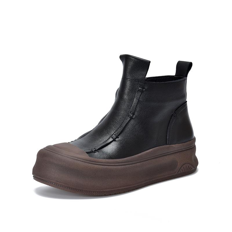 Johnature Versatile Thick Soled Genuine Leather Short Boots Side Zipper Autumn/winter Retro Women's Flat Platform Shoes