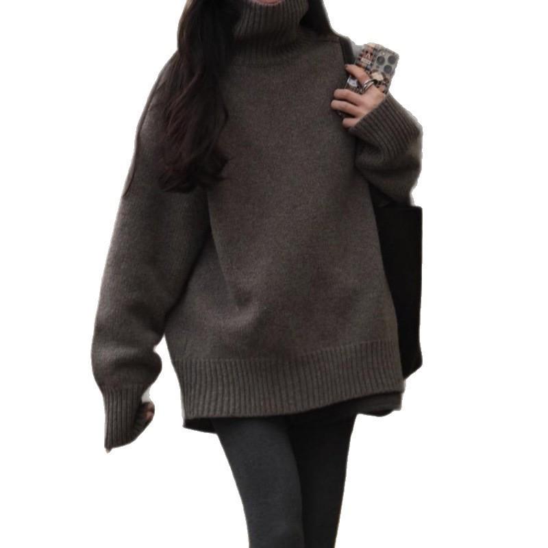 Women's Pure Wool High Neck Sweater, Loose Fit Plus Size, Mid-Length for Autumn/Winter, Covers Buttocks, Cashmere Knitwear