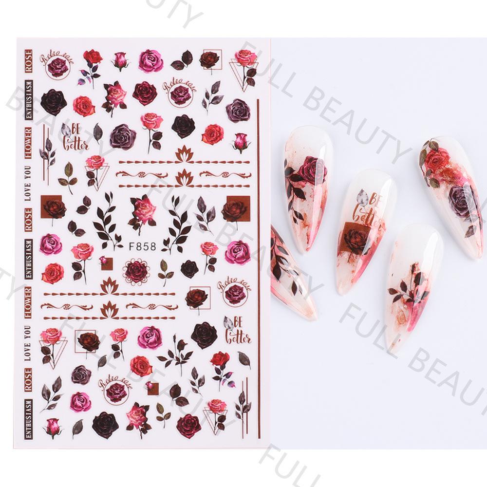 Nail Art Stickers Ins Spring Rose Flowers Valentine's Day Adhesive Nails 3D Decals