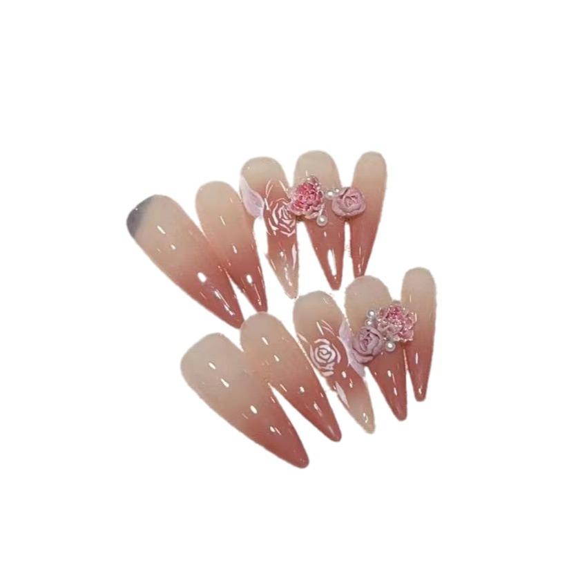 Wearing Armor Handmade High-end Atmosphere Hand-painted Roses Gradient French Manicure Finished Product Detachable Fake Nail Sheets