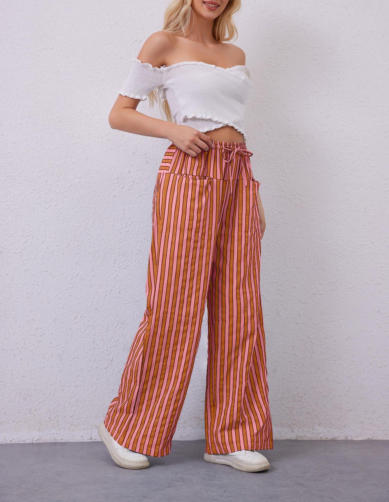 Europe, America 2025 Amazon TK Women s Drawstring Striped Wide Leg Casual Pants Striped Low Waist Casual Loose Casual Pants S