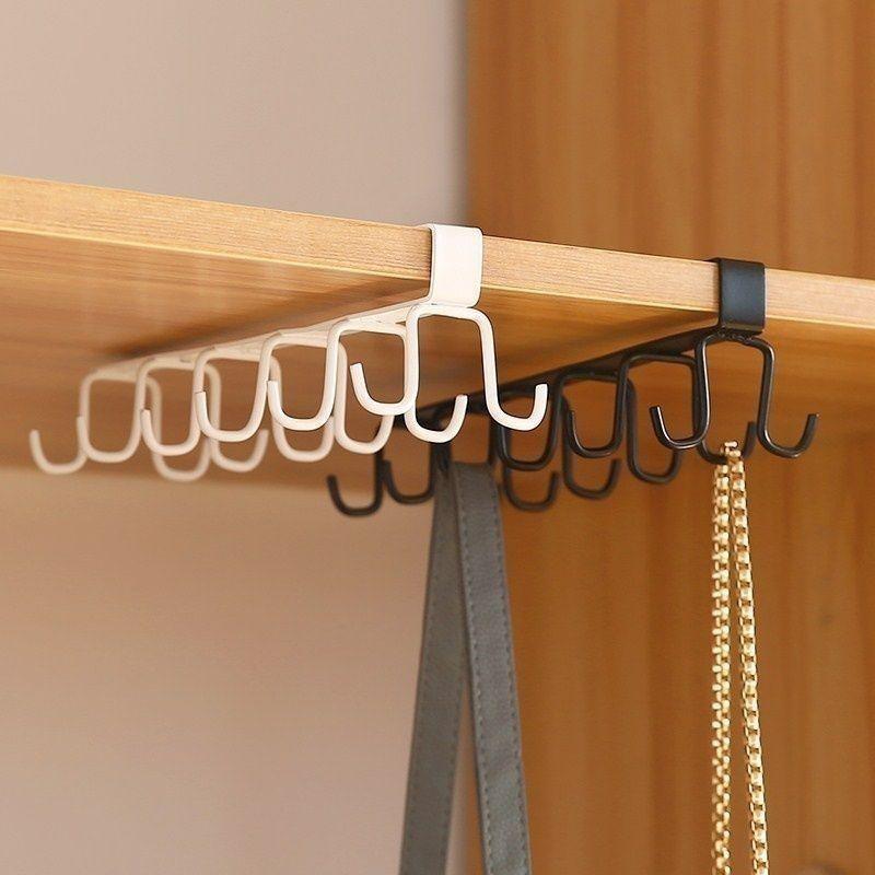 Multifunctional Double-Row Storage Hook Wardrobe Cabinet Metal Shelves Hanging Hooks Punch-Free Hanging Cup Holder Kitchen Tool