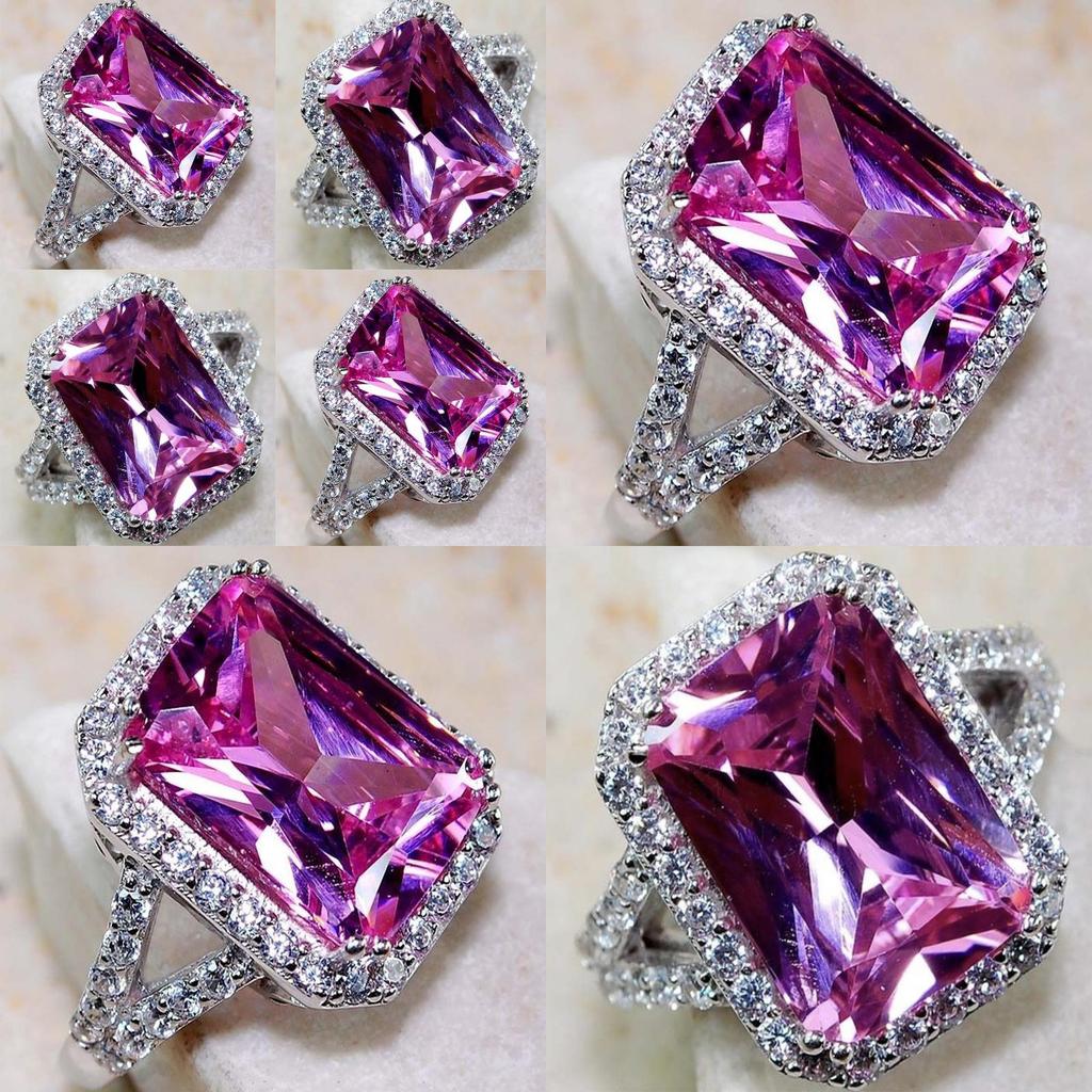 Elegant Pink Sapphire White Topaz Silver Plated Ring With Square Red Corundum