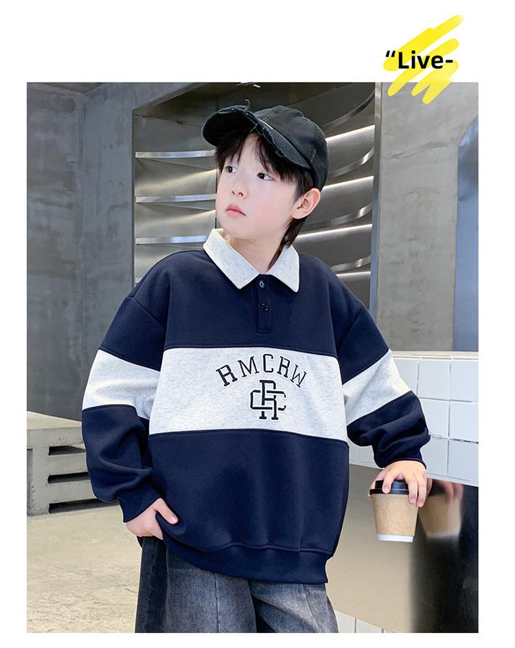 Children's Korean Retro Contrasting Polo Collar Sweatshirt with Cotton Fabric for Boys In Spring and Autumn, Long Sleeved Pullover Sweater