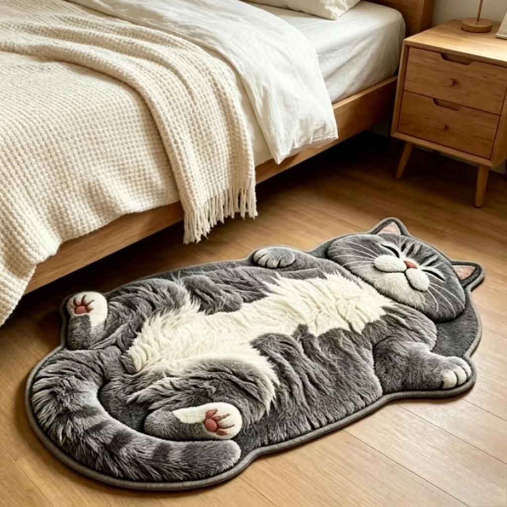 [2D Plan], Cat Shaped Bedroom Bedside Plush Irregular Carpet, Soft, Thick Carpet, Floor Mat, Household Bathroom Absorbent and Dirt Resistant Foot Mat