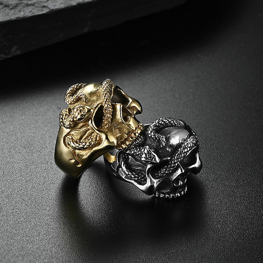 Gothic Stainless Steel Skull Snake Ring for Men Punk Hip Hop Steel/Gold Color Skull Rings Fashion Jewelry Gift Wholesale