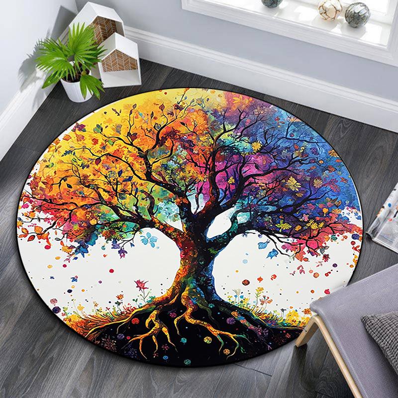Colorful Tree Round Area Rug,Carpet Rug for Living Room Bedroom Sofa Playroom Decor,Non-slip Floor Mat