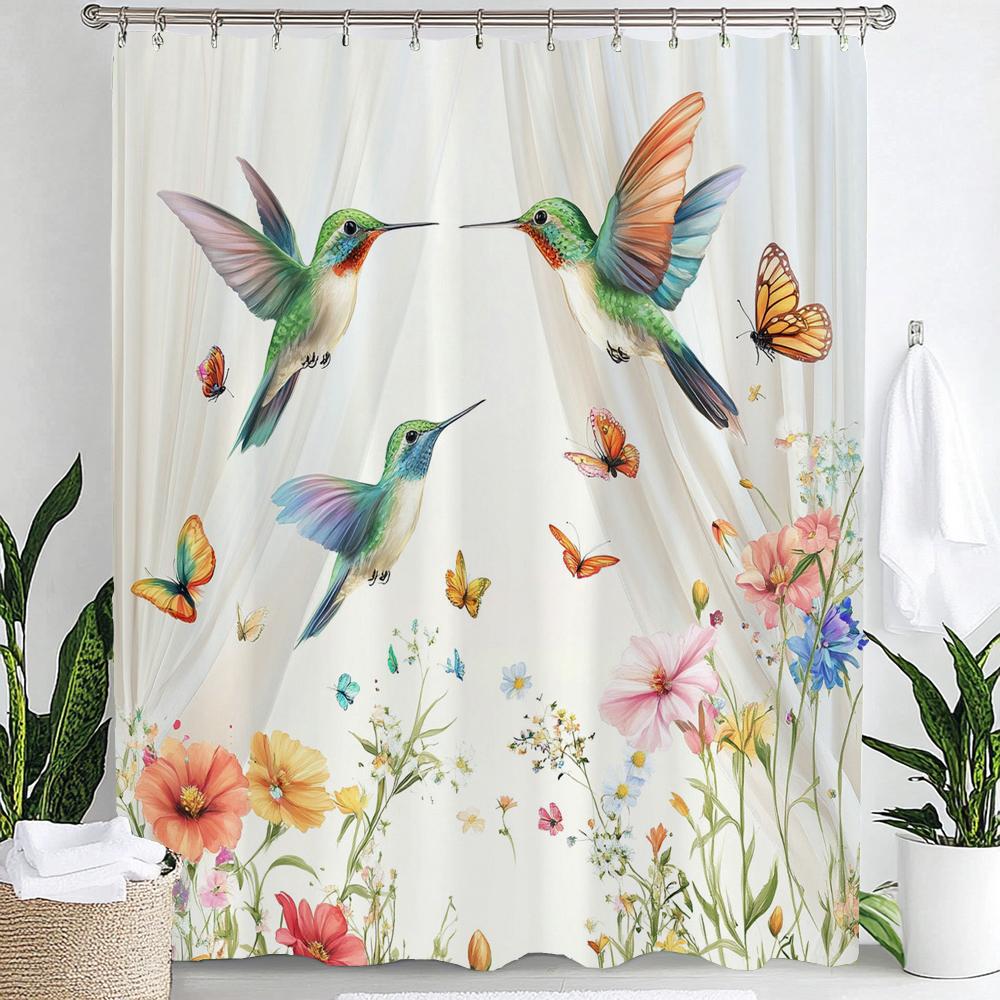 1Pc Colorful Flowers And Birds Print Waterproof Shower Curtain Partition Privacy Hanging Curtain With 12 Hooks Machine Washable